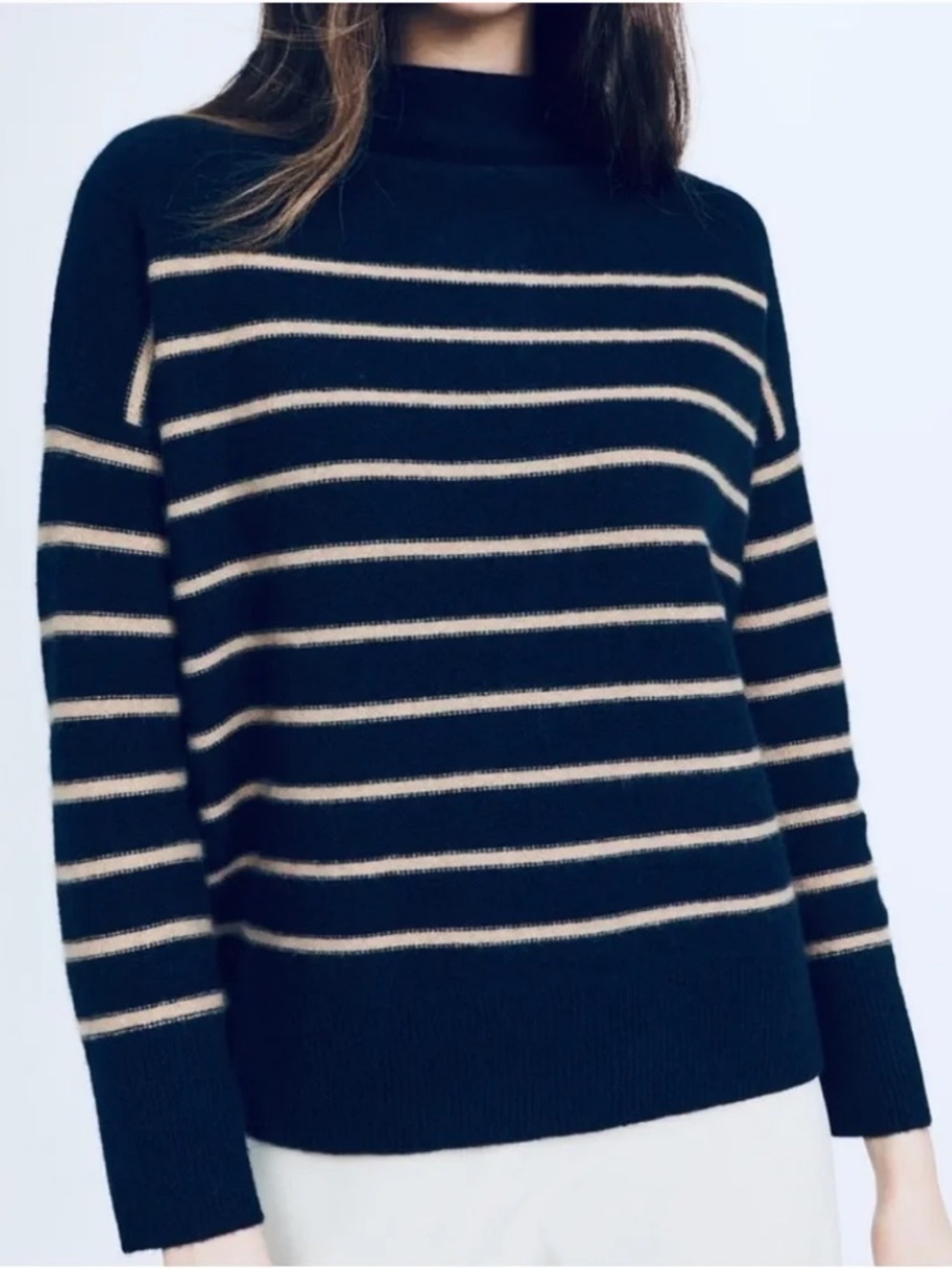 Magaschoni | Women’s Navy Blue/Tan Striped 100% Cashmere Mock Neck Sweater Sz L